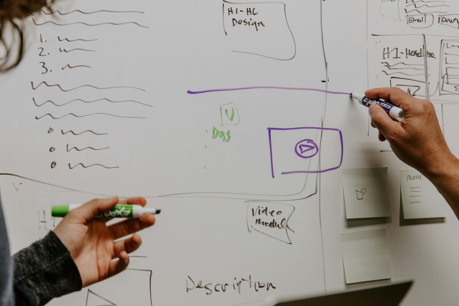 Content strategist and editor reviewing AI-drafted blog post on whiteboard — adding human expertise, citations, and brand voice
